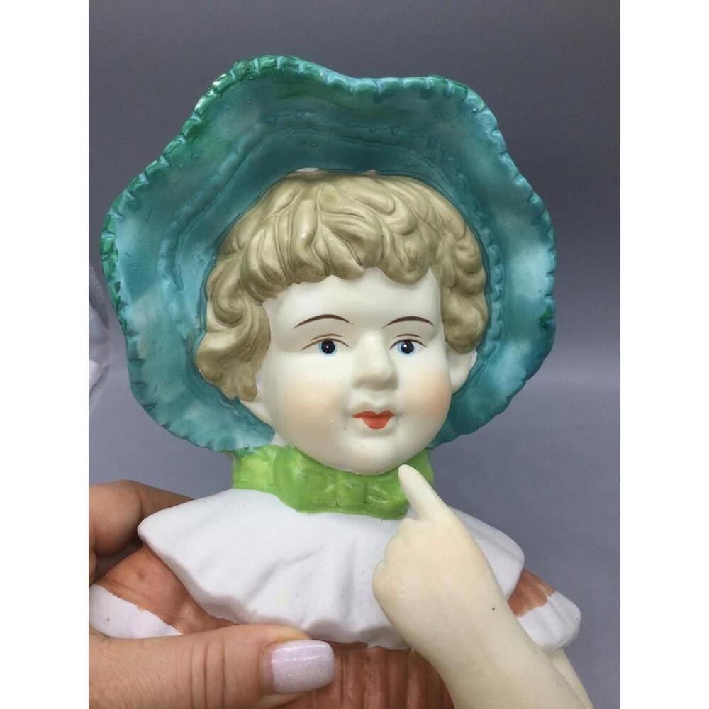 Antique Bisque Porcelain Baby Toddler Figurine 12” with a blue bonnet hat